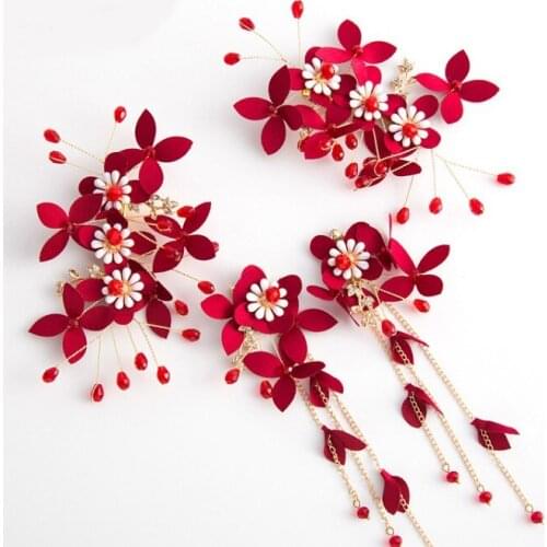 Women Headband red Pearl flower Pendant Party Bridal Headpiece Clips Lady Headwear Fashion Hair Accessories Jewelry with Earring