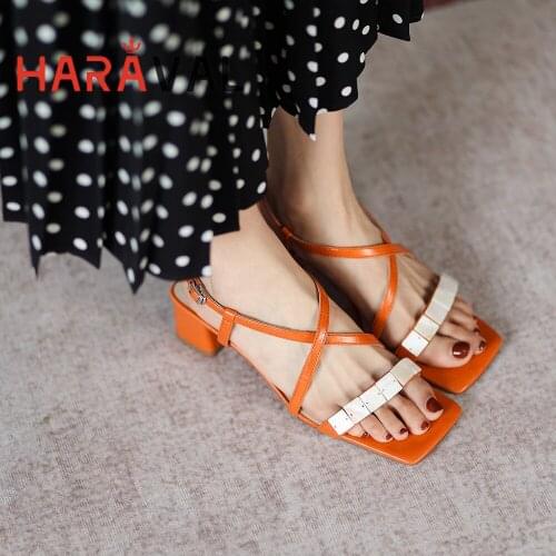 HARAVAL Women Sandals Shoes Low Heels Elegant Casual Fashion Sexy Female Summer White Brown Orange Handmade Open Shoes B183