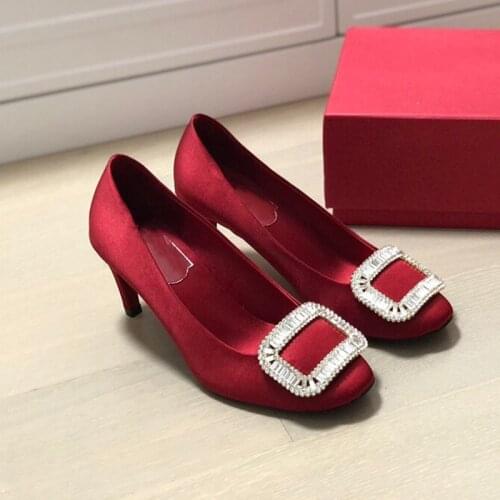 2021 New High Heels Female Banana Heel Diamond Square Buckle High Heels Pumps Female