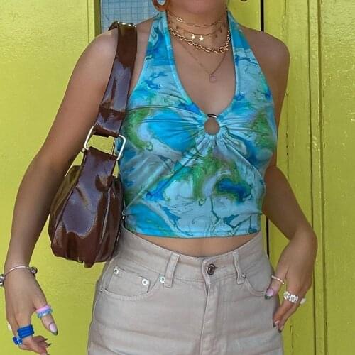Hirigin Women Y2K Tube Top Halter Camis Cropped Deep V-neck Floral Print Sleeveless Vest Back Knot Tie Bandage Tank Vest 2021