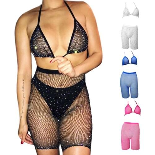 Womens Erotic See Through Fishnet Underwear Set Glitter Drilling Rhinestone Halter Bra Shorts Leggings Lingerie Bikini Solid