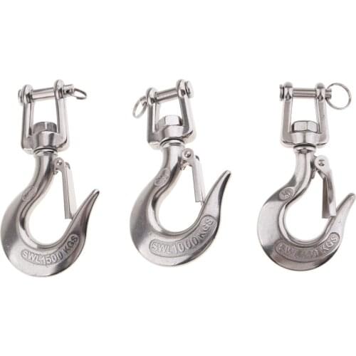 1500KG Stainless Steel Swivel Silver Clevis Hook 1/2+3/8+5/16 Inch with Latch Rigging Equipment