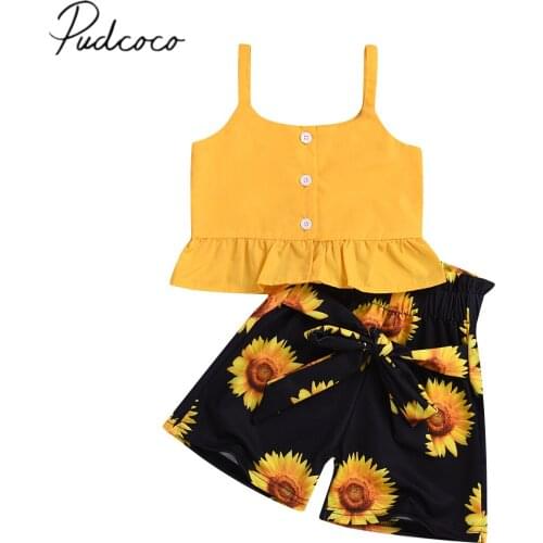2019 Baby Summer Clothing Toddler Baby Kid Girl Yellow Sleeveless Tops T-shirt Tank Sunflower Shorts Pants 2Pcs Outfit Sets 2-6Y
