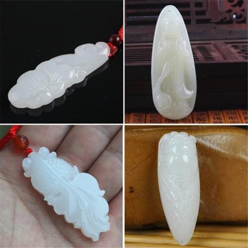 4 Styles Natural White Afghan Jade Carved Fish Guanyin Buddha Lucky Pendant