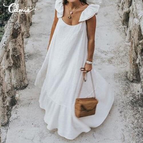 Celmia Bohemian White Maxi Dress 2021 Summer Casual Ruffles Short Sleeve O-Neck Pleated Long Dress Beach Vestidos Oversized