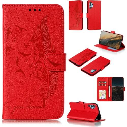 Feather Embossed Lychee Pu Leather Phone Case for Samsung Galaxy A32 4G Card Slot Wallet Photo Frame Kickstand Back Cover