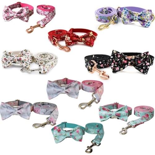 Flower Dog Collar Traction Rope Bow tie Pitbull Personalized Velvet Engraved Pet Name Retailing Supplies Accessories