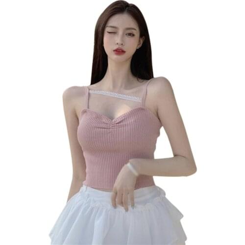 DAXIN Womens V Neck Lace Splicing Slim Vest Camis Summer Sexy Knitted Camisole Tank Tops