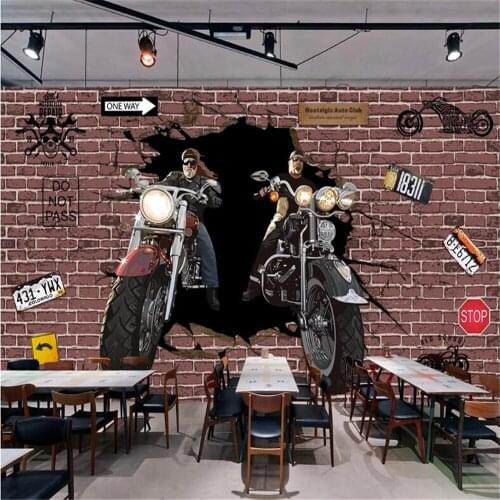 Milofi custom wallpaper mural 3D motorcycle knight broke through the brick wall hand-painted character ktv background wall