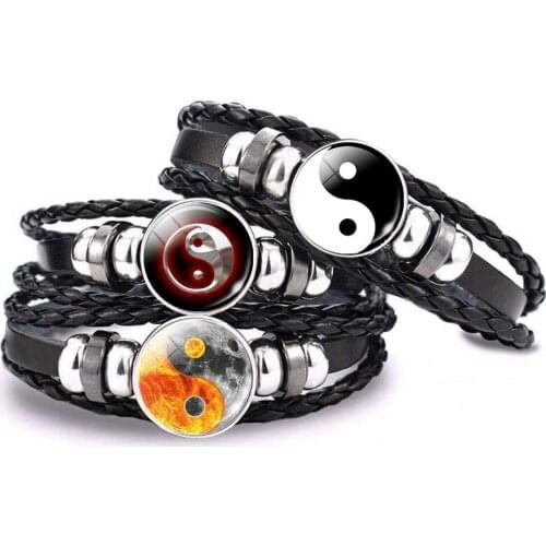 Yin Yang Tai Chi Symbol Leather Bracelet Glass Cabochon Yin Yang Jewelry Weave Daoist Philosophy Multilayer Leather Bracelet