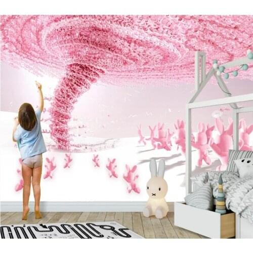 Customized 3d wallpaper beautiful dreamy pink bunny princess childrens room decoration painting - silk waterproof material