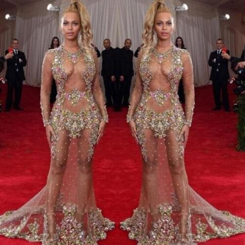 Lace Red Carpet 2020 Sexy Illusion Colorful Beaded Mermaid Evening Dress Jewel Long sleeve Backless Sweep Train Tulle custom mad