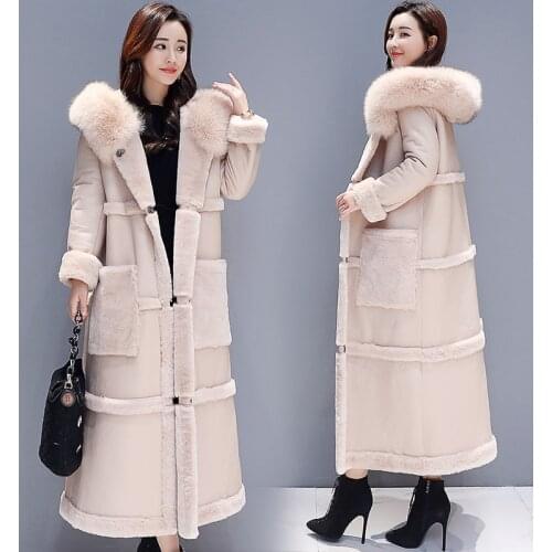 2019 Winter Women Hooded Jacket Long Lamb Warm Wool Coat Big Fur Collar Female Thicker Jackets Outerwear High -Quality Coats 181