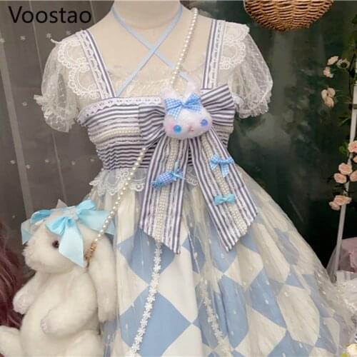 Sweet Girly Cartoon Rabbit Lolita Sling Jsk Dress Spring Summer Women Kawaii Lace Ruffles Plaid Party Dress Princess Dresses