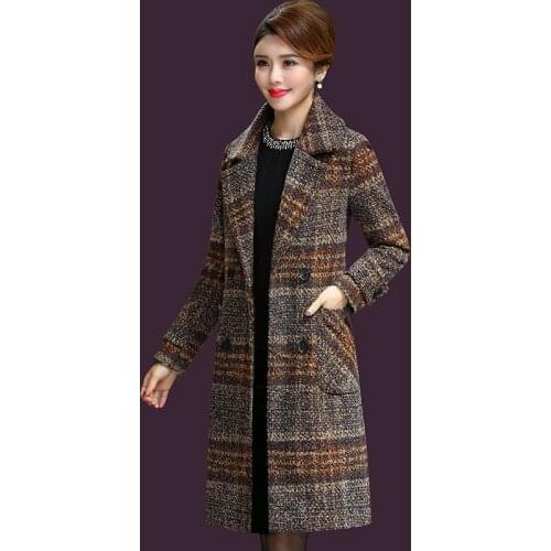 Fashion Wool Blend Long Coat Female Winter Plaid Double Breasted Elegant Outerwear Warm Office Lady Slim Jacket Plus Size 5XL