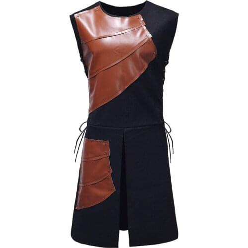 Mens Punk Rock Bandage Long Steampunk Vest 2021 Brand New Patchwork Front Split Medieval Waistcoat Men Cosplay Gothic Costume