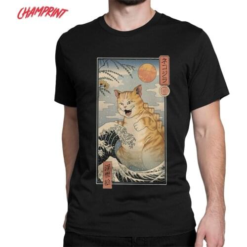 Novelty Catzilla Ukiyoe Killler Gift For Cat Lovers T-Shirts Men Crew Neck 100% Cotton T Shirt Japanese Tees Printed Clothing