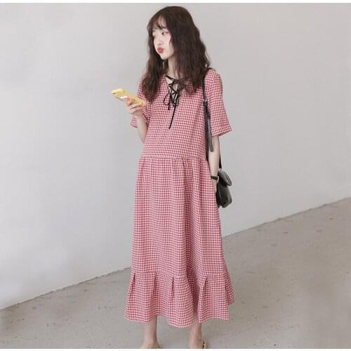 2019 New Summer Maternity Short Sleeve Dresses Pregnancy Plaid Loose Casual Ruffles Fresh Dresses Fashion Pregnant women Clothes