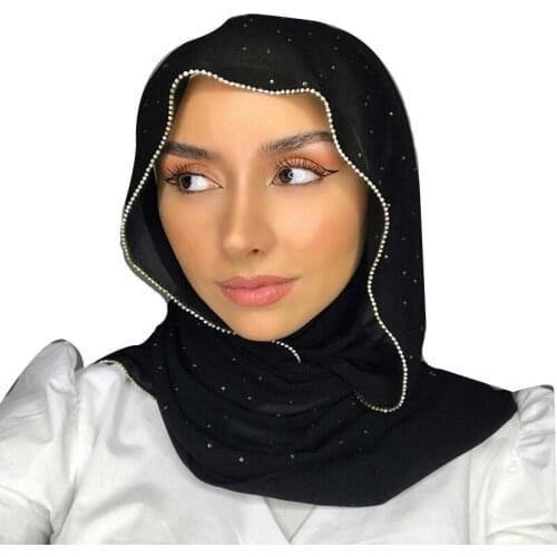 Wholesale Shimmer With Crystal Chiffon Hijab Scarf Chain Edged Scarf Headband Muslim Hijabs Headscarf Shawl Foulard Femme