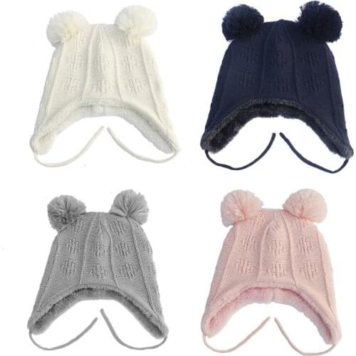Autumn Winter Cute Hair Ball Baby Hat Toddler Infant Ear Protection Knitted Cap for Children Newborn Beanie Photography Props Bo