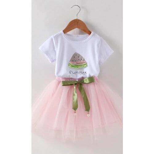 Girls Dresses Kids Clothes Short Sleeve Printed T-shirt+Floral Voile Dress 2Pcs for Clothing Set Children Dress Baby Girls Dress