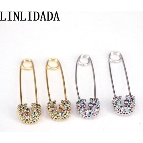 5Pairs Crystal Zirconia Pin Shaped Hoop Earring Colorful CZ Micro Pave Gold Silver Color For Women Girls