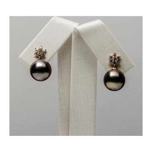 Gorgeous 10.1mm Black Purple Tahitian Pearl Flower Drop Earrings 14k Yellow Gold