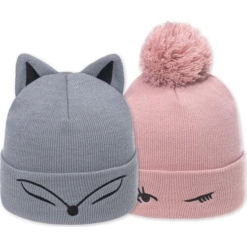Thickened Knitted Hat Blinking embroidery fox ear Embroidered Pullover Hat Autumn Winter Knitted Hat Womens Warm Hat Women Cap