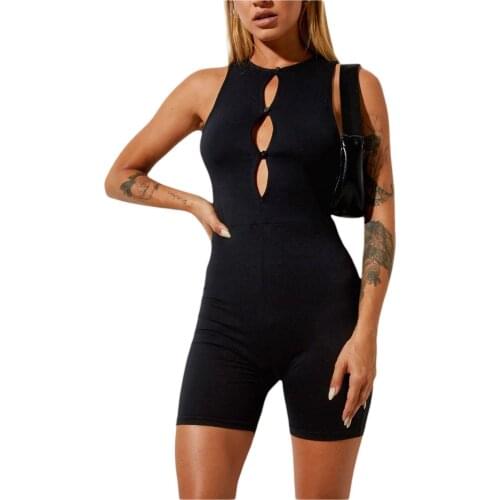 Women Black Sleeveless Yoga Playsuits Summer Round Collar Hollow Out Round Collar Short Rompers Slim Fit Workout Fitness Suit