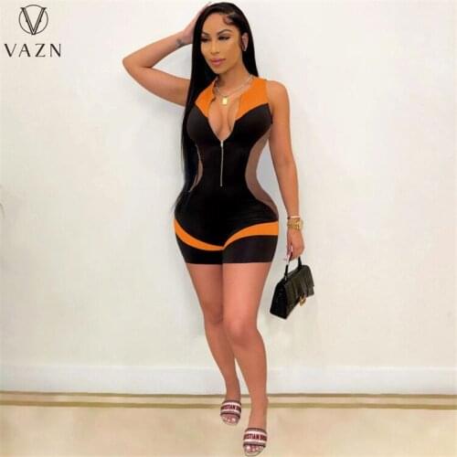VAZN 2021 New Patchwork Deep V-neck Vintage Bandage Young Sexy Soft Daily Simple Sleeveless High Waist Women Pencil Playsuits