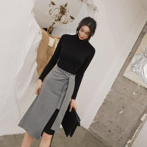 2020 Women Black Turtleneck Knitted Dress and Gray Wrap Skirt Women with Sashes Suit Autumn Winter Solid Casual Two Piece Set