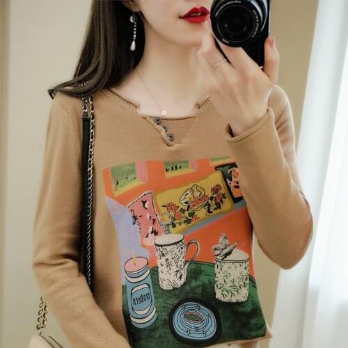 Knitted Cotton Tops Women O Neck Buttons Graffiti Flowers Printed 2021 Elegant Vintage Loose Long Sleeves Sweater