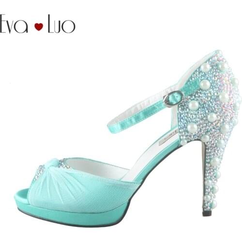 CHS625 Custom Handmade Mint Green Crystal Dress Pumps Bridal Wedding Shoes Ankle Strap Two-Piece Women Pumps Shoes Big Size DHL