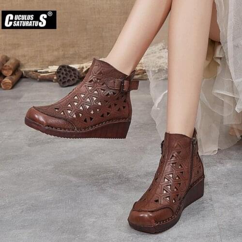 Cuculus Summer Women Boots Casual Ankle Boots Genuine leather Cut-outs Boots Retro Handmade Womens shoes Hook&Loop Wedges Boots