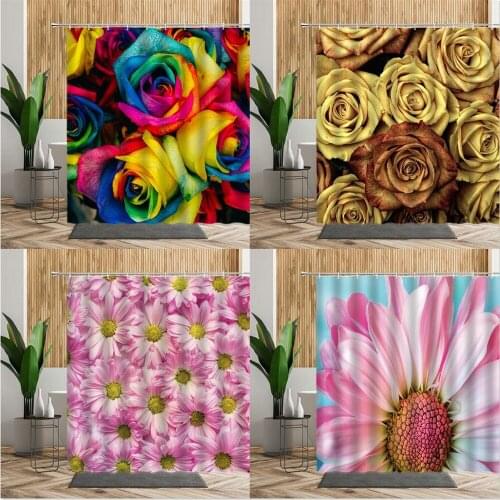 Colored Rose Flower Shower Curtain Floral Printed Fabric Bath Partition Summer Festival Hanging Cloth Bathroom Curtains For Girl