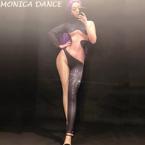 Women Sexy Harf Naked Jumpsuit Color Sparkling Crystals One Sleeve Trouser Legs Nightclub Party Stage Wear Bodysuit