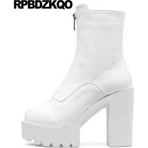 Fetish Black Chunky White Platform Boots Ankle Waterproof Extreme Shoes Exotic Dancer High Heel Front Zipper Thick Cheap Women