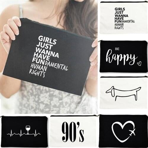 Letter Printing Harajuku Cosmetic Bags Canvas Makeup Bag Fashion Women Vintage Reusable Cloth Bag Girl Toiletry Zipper Pouch