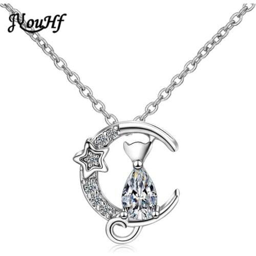 JYouHF Delicate White Gold Plated Crystal Women Necklaces Cute Cubic Zircon Moon Star Cat Charm Pendant Necklace Jewelry Gift