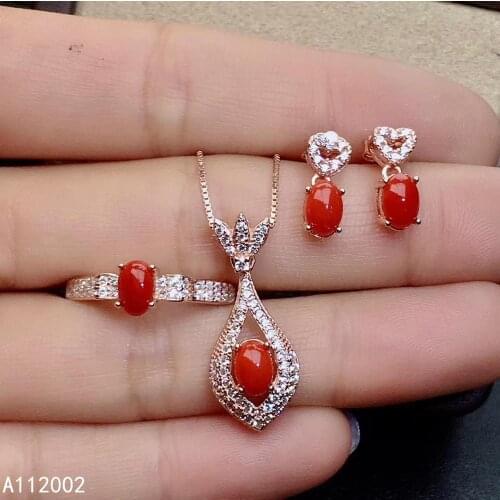 KJJEAXCMY fine jewelry natural red coral 925 sterling silver women pendant earrings ring set support test noble hot selling