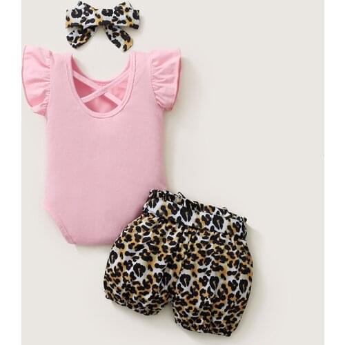 3Pcs Summer Newborn Baby Girls Clothing Suit Short Sleeve Tank + Leopard Shorts + HairBand 0-24M