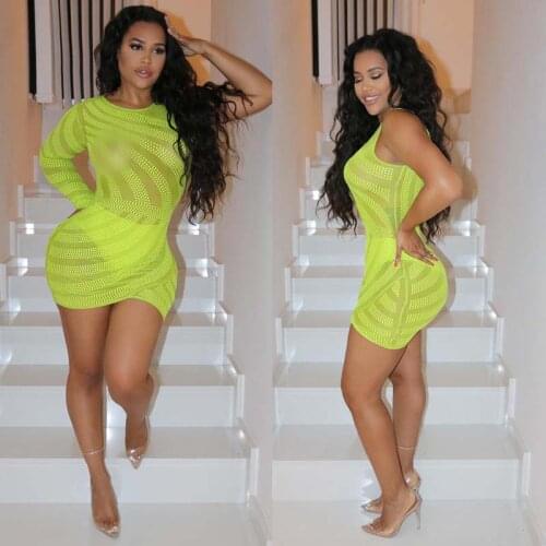 Fashion Single Sleeve Yellow Mesh Hot drill Mini Dress Women New Sexy See-through Club Short Dress Reflective Irregular Dresses