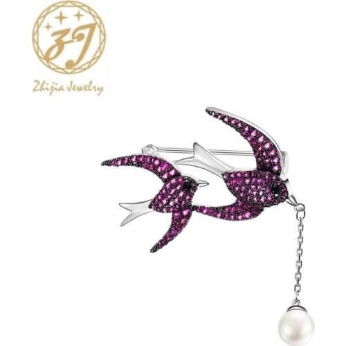 Zhijia New Arrival Swallow Pins Brooches For Women Luxury Crystal Rhinestone Pearl Brooches Accessories Gifts