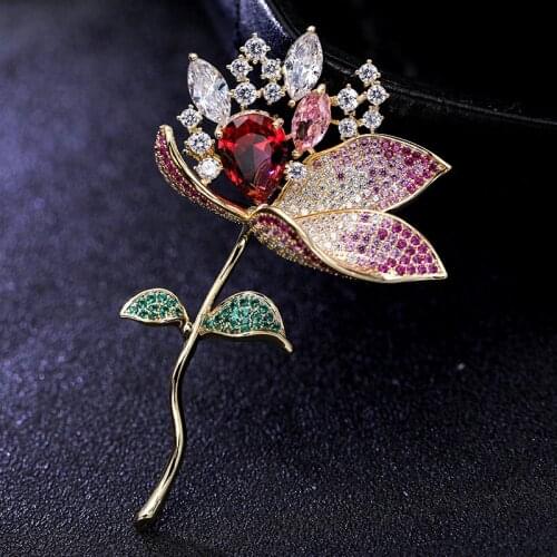 OKILY Lotus Flower Brooch Jewelry Luxury Pin Delicate Floral Brooches for Women Girl Wedding Pins Broches Valentines Gift