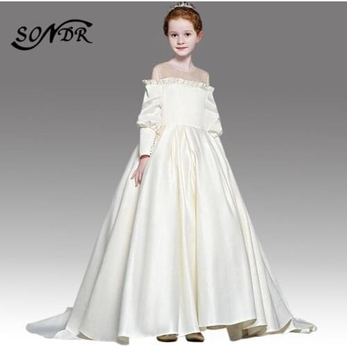 Solid Color Kids Party Dress For Wedding HT101 Ruched Pleat Vestido Primera Comunion Lace Up Train Princess Ball Gowns For Girls