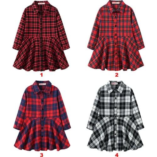 Girls Dress 2021 New Autumn And Spring Childrens Skirts Big Princess Wear Plaid Shirt Close Waist Button Knee-Lenght Kids