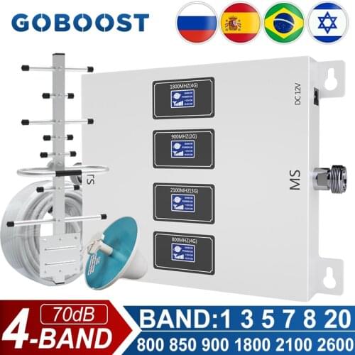GOBOOST Repeater GSM 850 900 LTE 1800 UMTS 2100 MHz Four Band Signal Booster Mobile Phone Amplifier With Antenna 13M Cable Kit