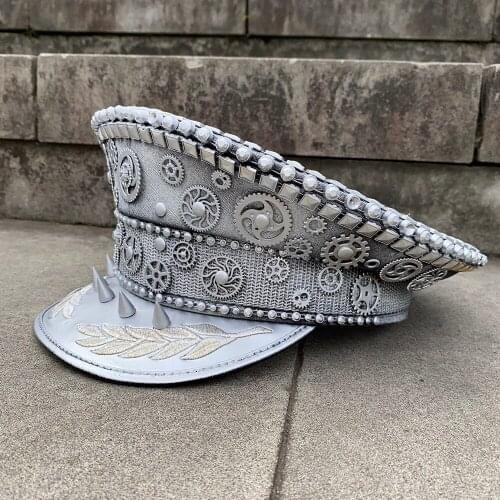 2020 Handmade Steampunk Hat Military Hats Germany Officer Visor Cap Army Hat PunkPolice Cap Cosplay Halloween Hat Size M L XXL
