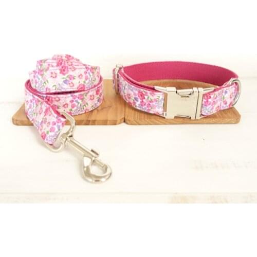 Customized Dog Collar Engraved Puppy ID Tag Leash Collar Set Adjustable Outdoor Fashion Print Pet Collar Leash THE PINK FLOWER