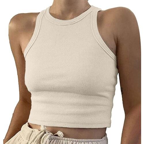 Rib Tank Top Women Summer Casual Round Neck Fashion Pure Color Basic Vest Elastic Sleeveless Green Pink Purple Crop Tops#f3
